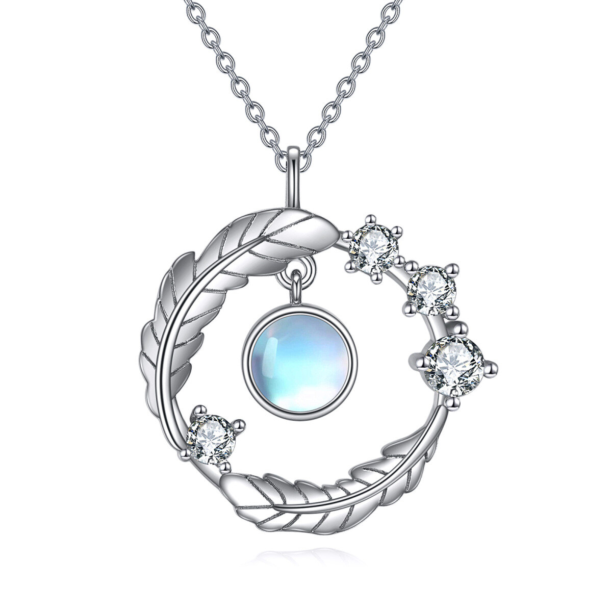 Sterling Silver Round Moonstone Leaves Pendant Necklace-1