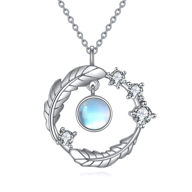 Sterling Silver Round Moonstone Leaves Pendant Necklace-5