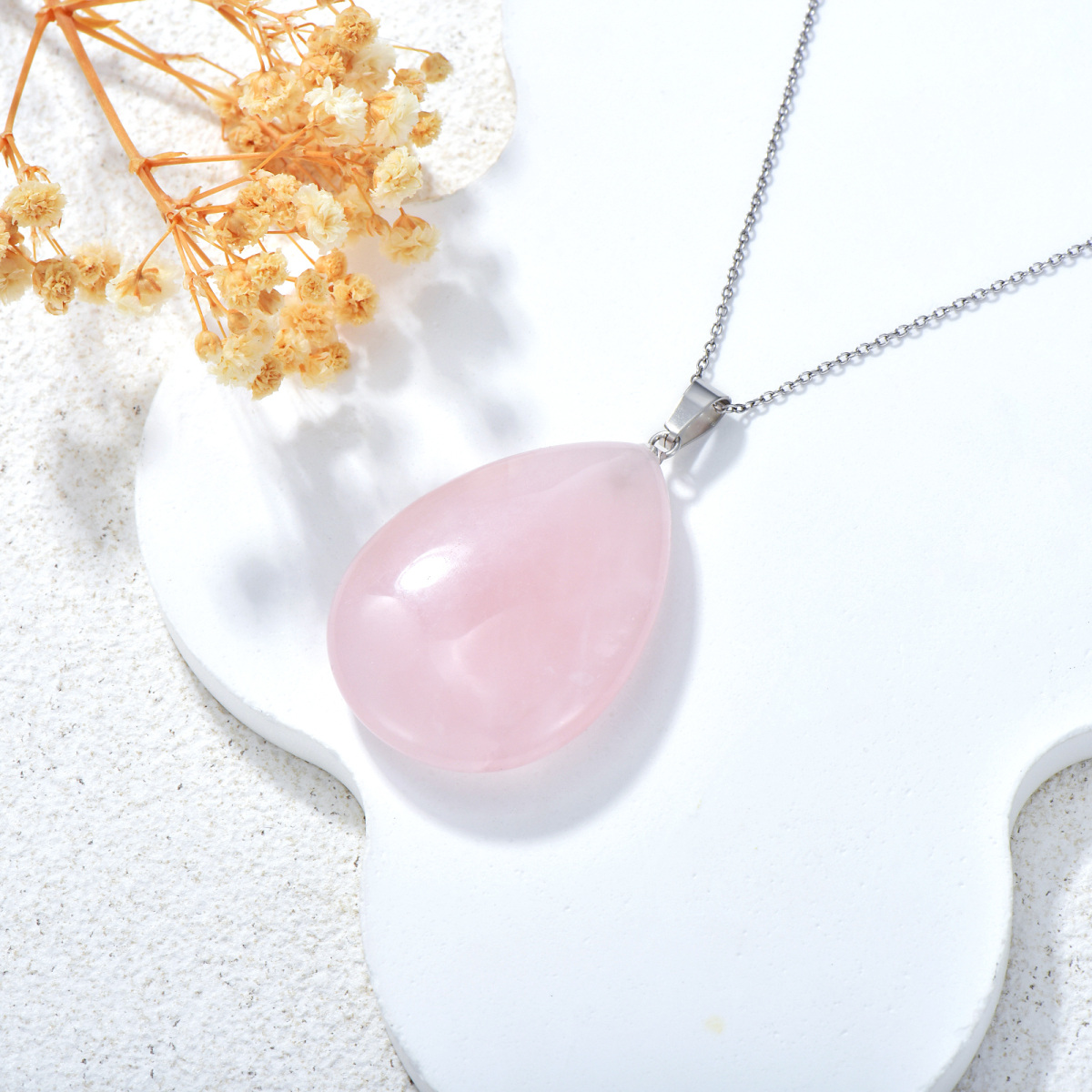 Sterling Silver Pear Shaped Rose Quartz Drop Shape Pendant Necklace-3