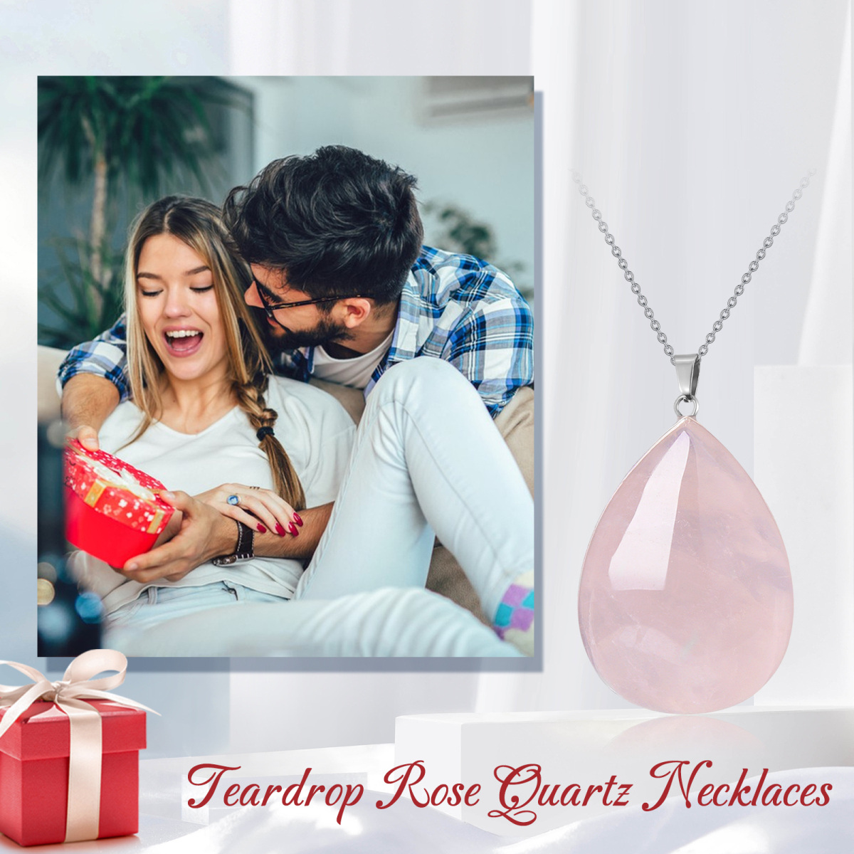 Sterling Silver Pear Shaped Rose Quartz Drop Shape Pendant Necklace-5