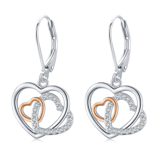 Pendientes de plata de ley con circonita cúbica de dos tonos y forma de corazón para mujer