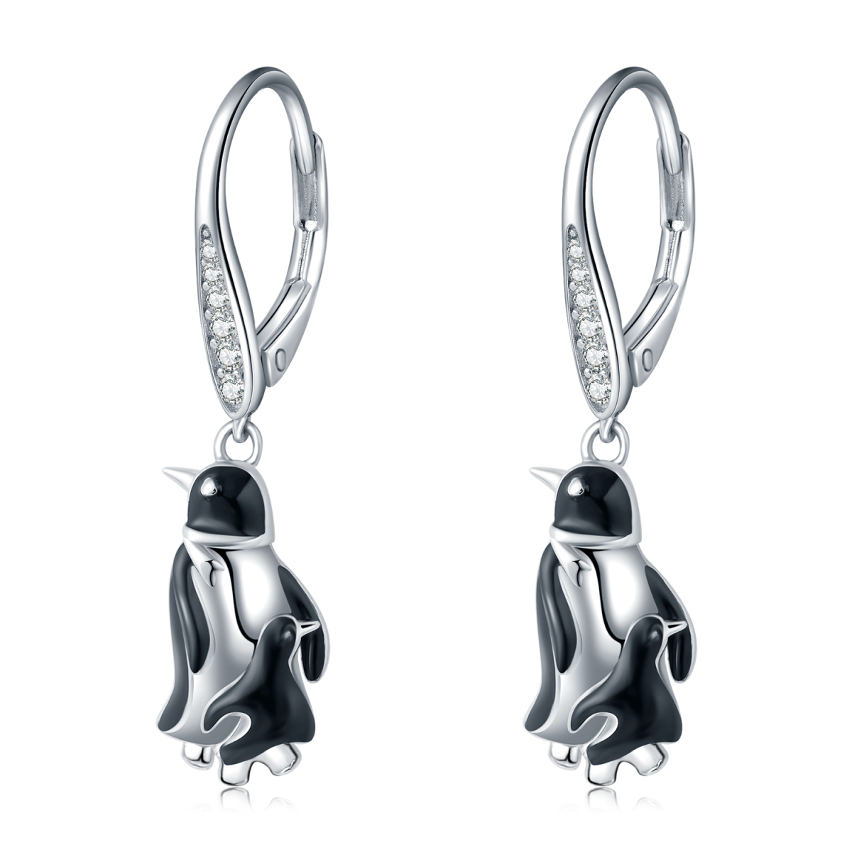 Sterling Silver Circular Shaped Cubic Zirconia Penguin Lever-back Earrings-1