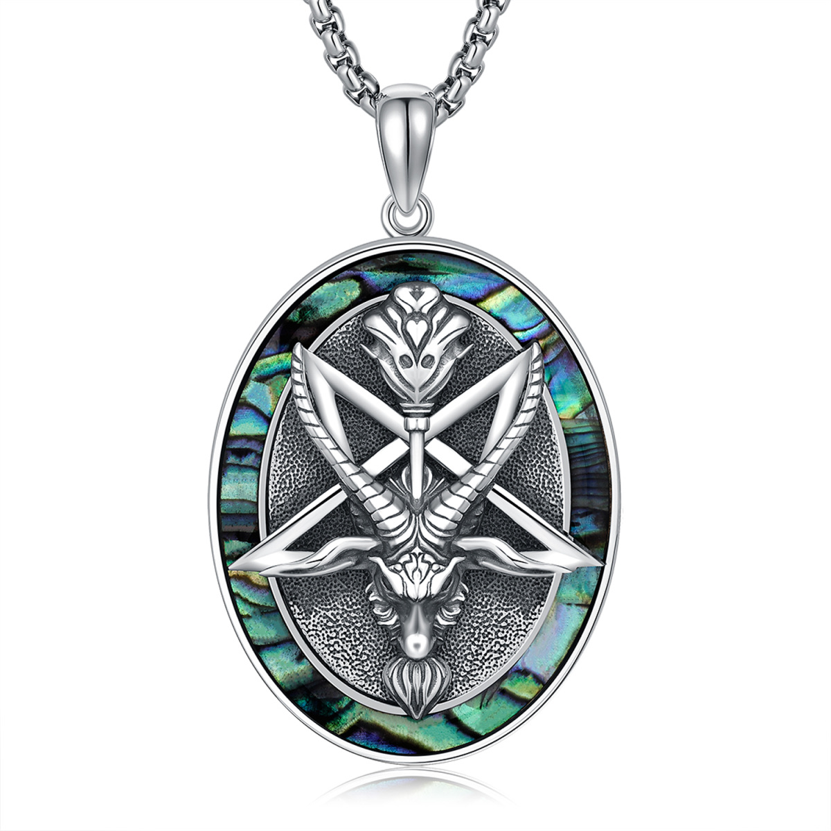 Sterling Silver Circular Shaped Abalone Shellfish Satanic Goat Pendant Necklace-1