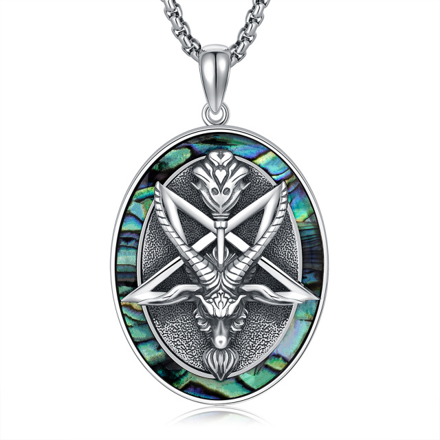 Sterling Silver Circular Shaped Abalone Shellfish Satanic Goat Pendant Necklace-0