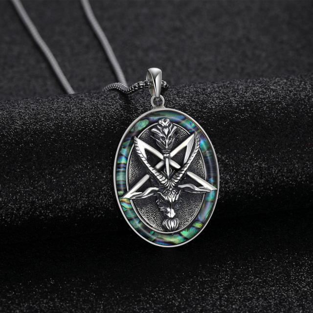 Sterling Silver Circular Shaped Abalone Shellfish Satanic Goat Pendant Necklace-5