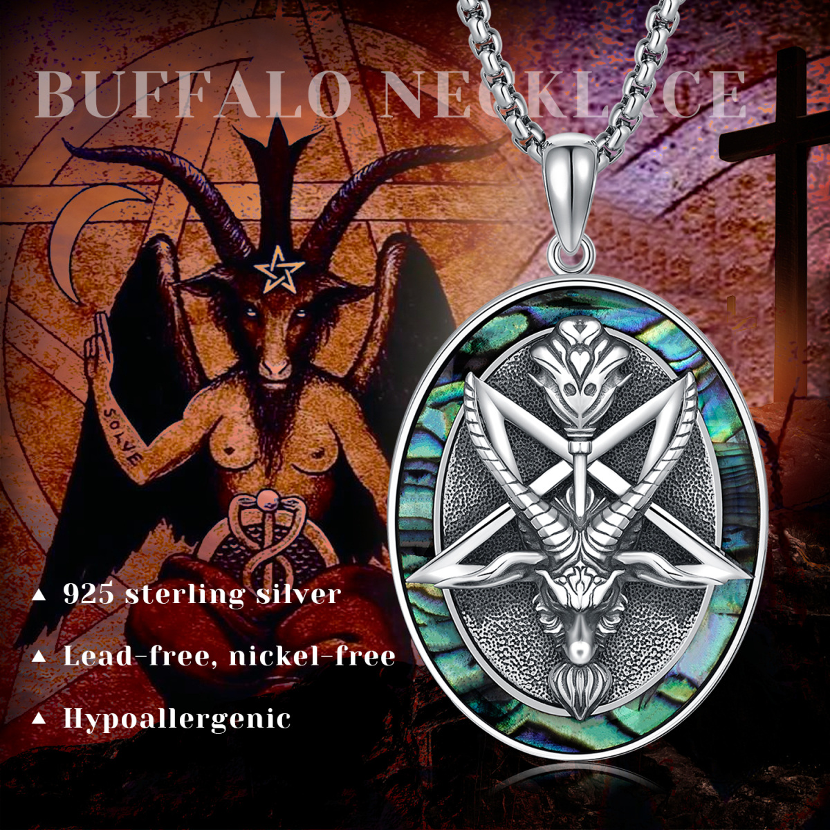 Collar de plata de ley con forma circular de marisco abulón colgante de cabra satánica-7