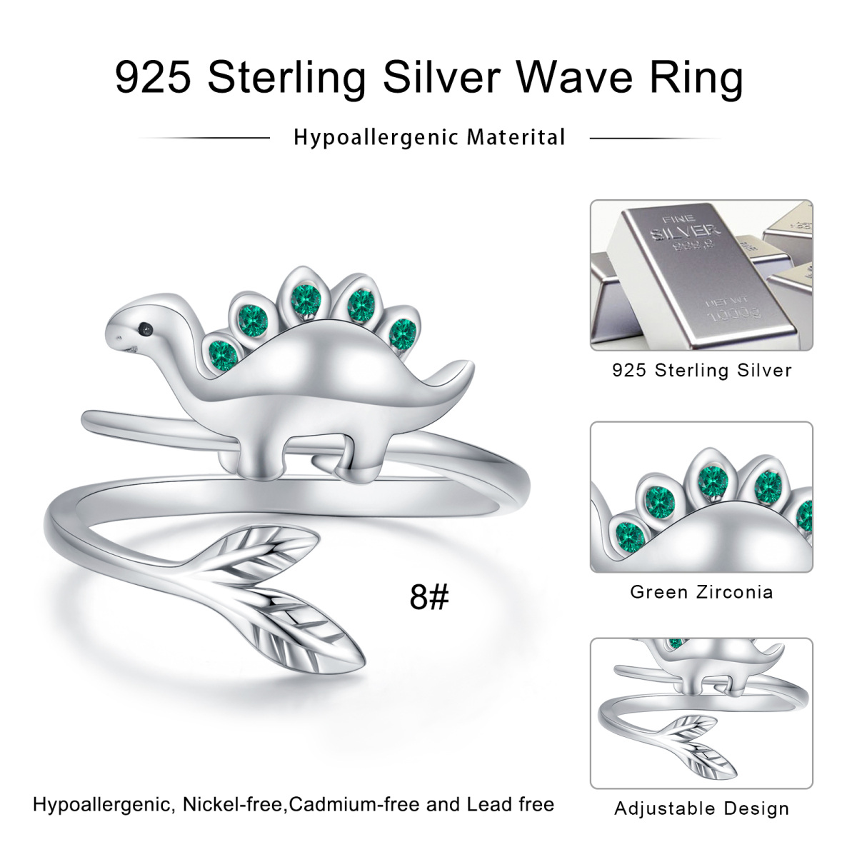 Sterling Silver Cubic Zirconia Dinosaur Open Ring-5