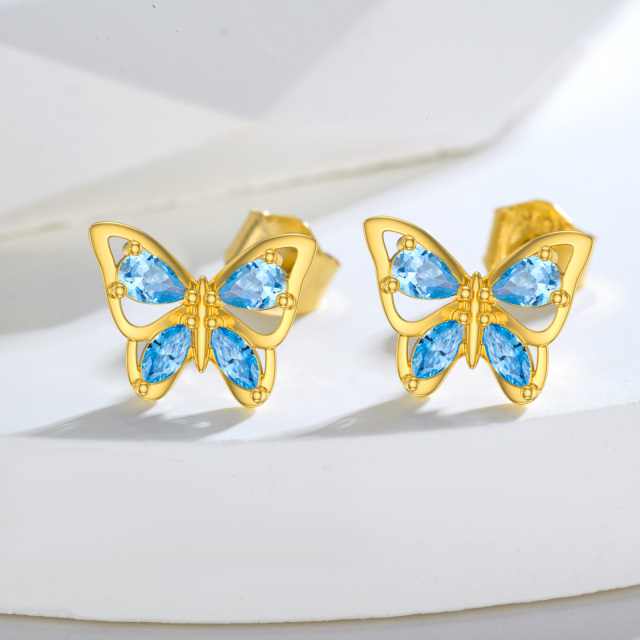 Aretes de mariposa con circonita cúbica en forma de marquesa de oro de 10 quilates-2