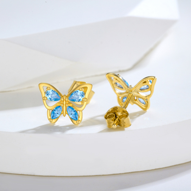 Pendientes de mariposa de oro de 10 quilates con circonita azul como regalo para mujer-3