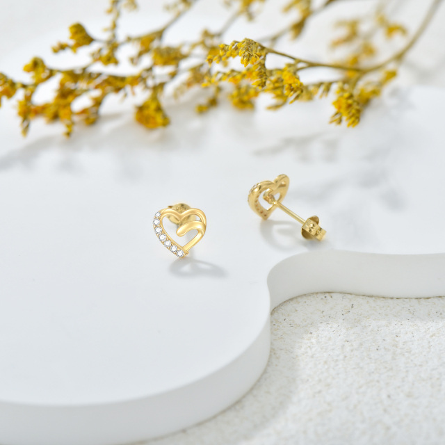 14K Gold Cubic Zirconia Heart Stud Earrings-2