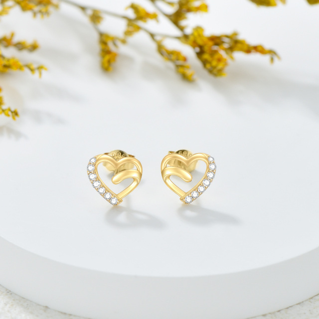 14K Gold Cubic Zirconia Heart Stud Earrings-3