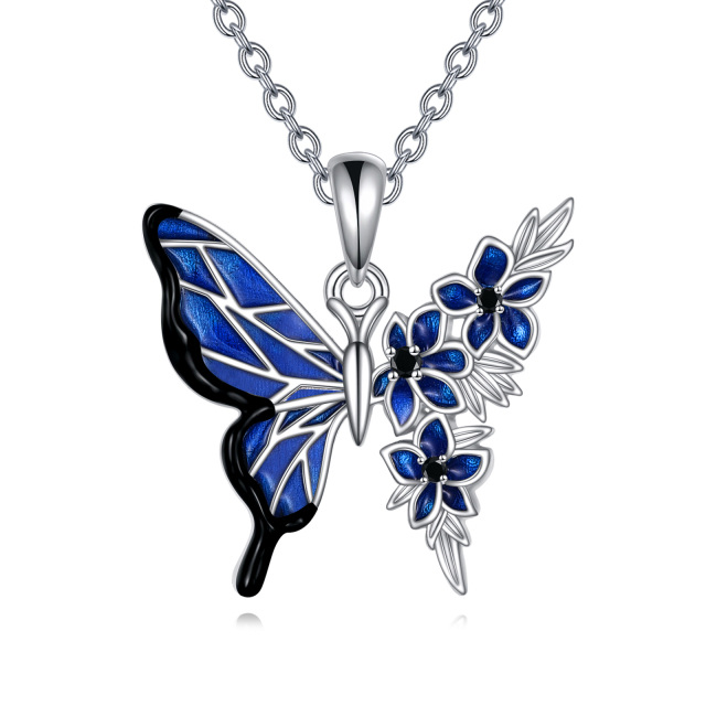 Sterling Silver Butterfly With Blue Peony Flower Pendant Necklace-3