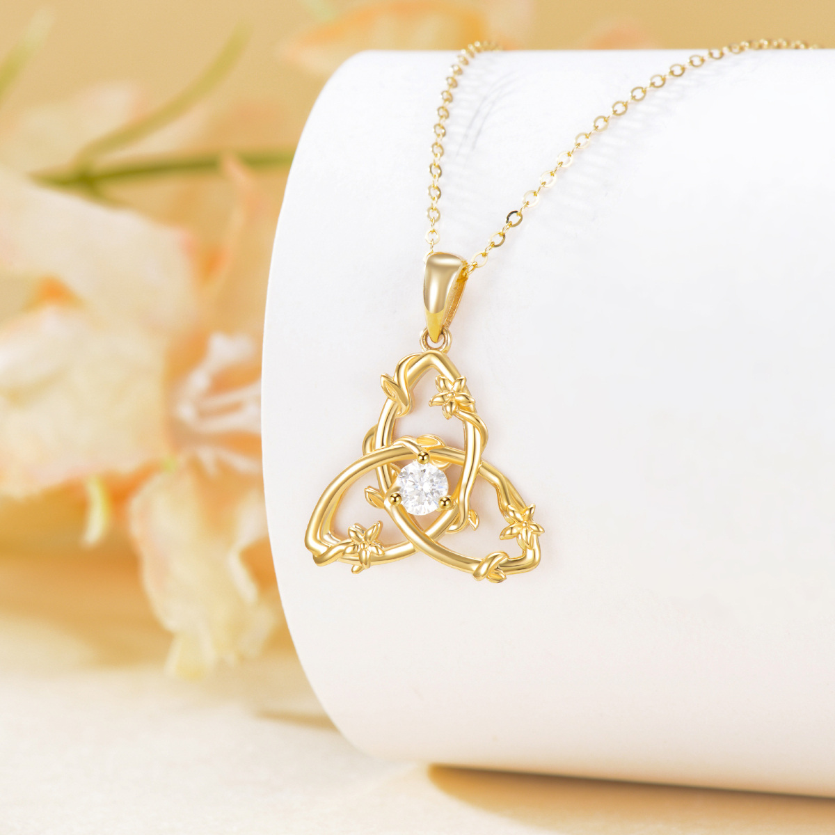 14K Gold Circular Shaped Cubic Zirconia Triangle Pendant Necklace-4