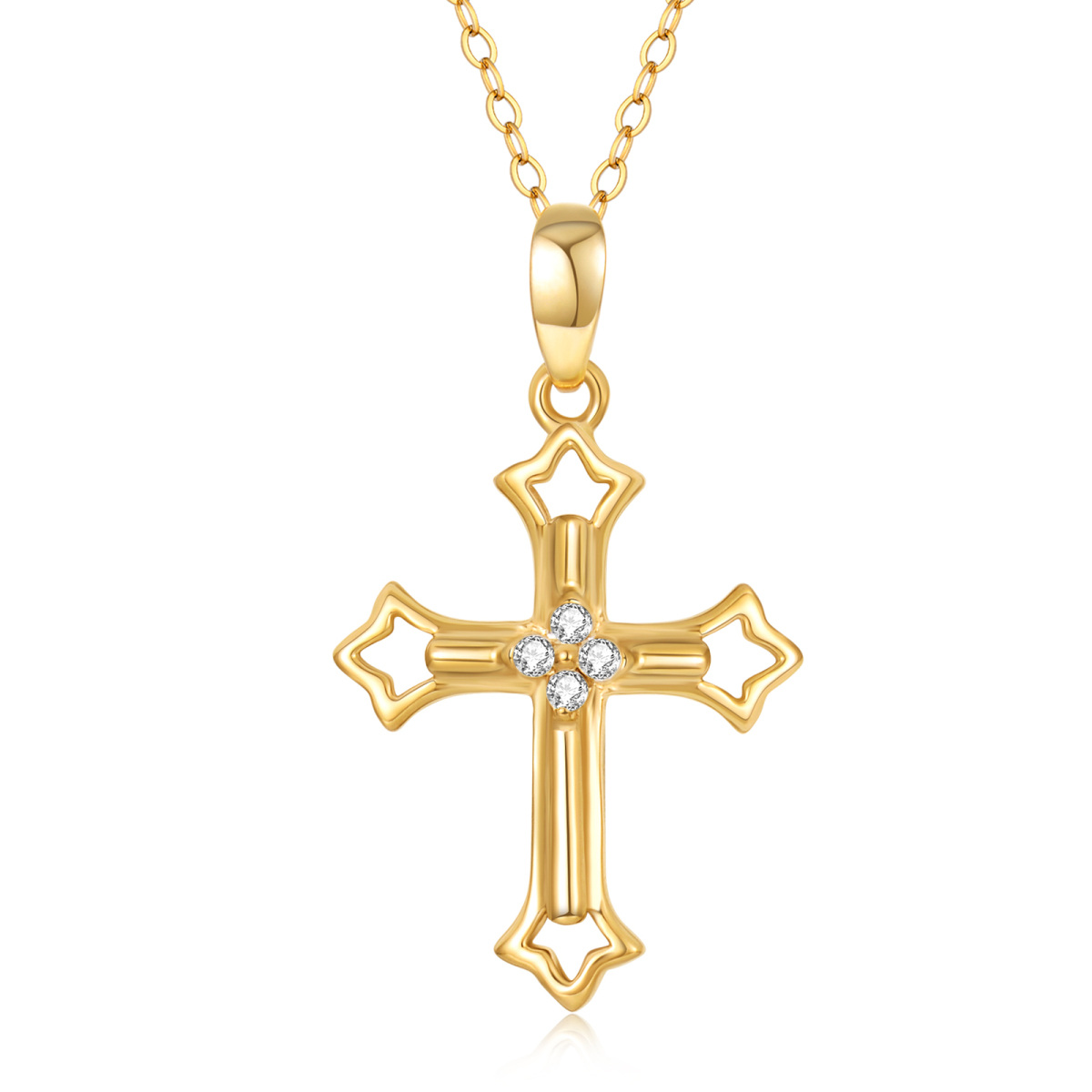 14K Gold Round Moissanite Cross Pendant Necklace-1