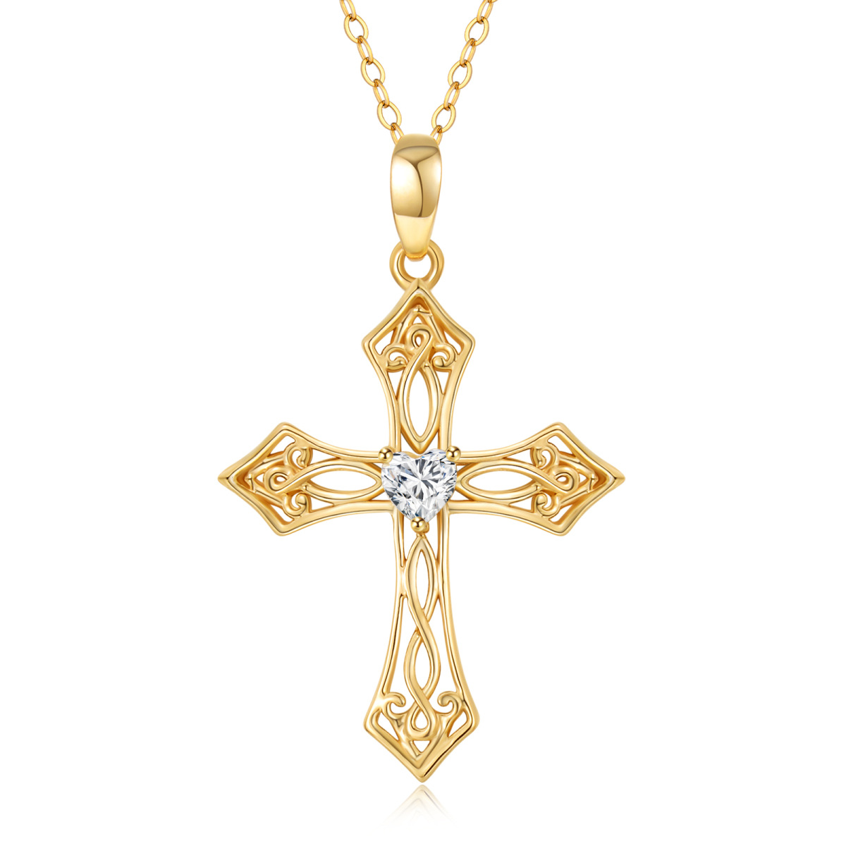 14K Gold Heart Shaped Cubic Zirconia Cross Pendant Necklace-1