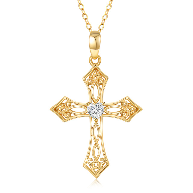 14K Gold Heart Shaped Cubic Zirconia Cross Pendant Necklace-0