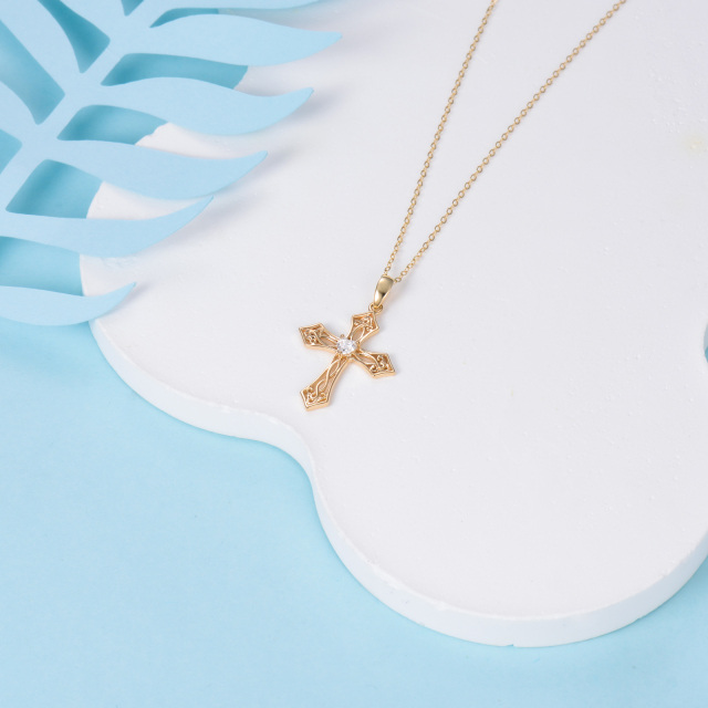 14K Gold Heart Shaped Cubic Zirconia Cross Pendant Necklace-3
