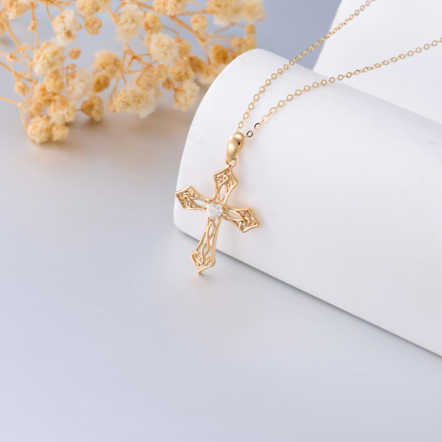14K Gold Heart Shaped Cubic Zirconia Cross Pendant Necklace-4