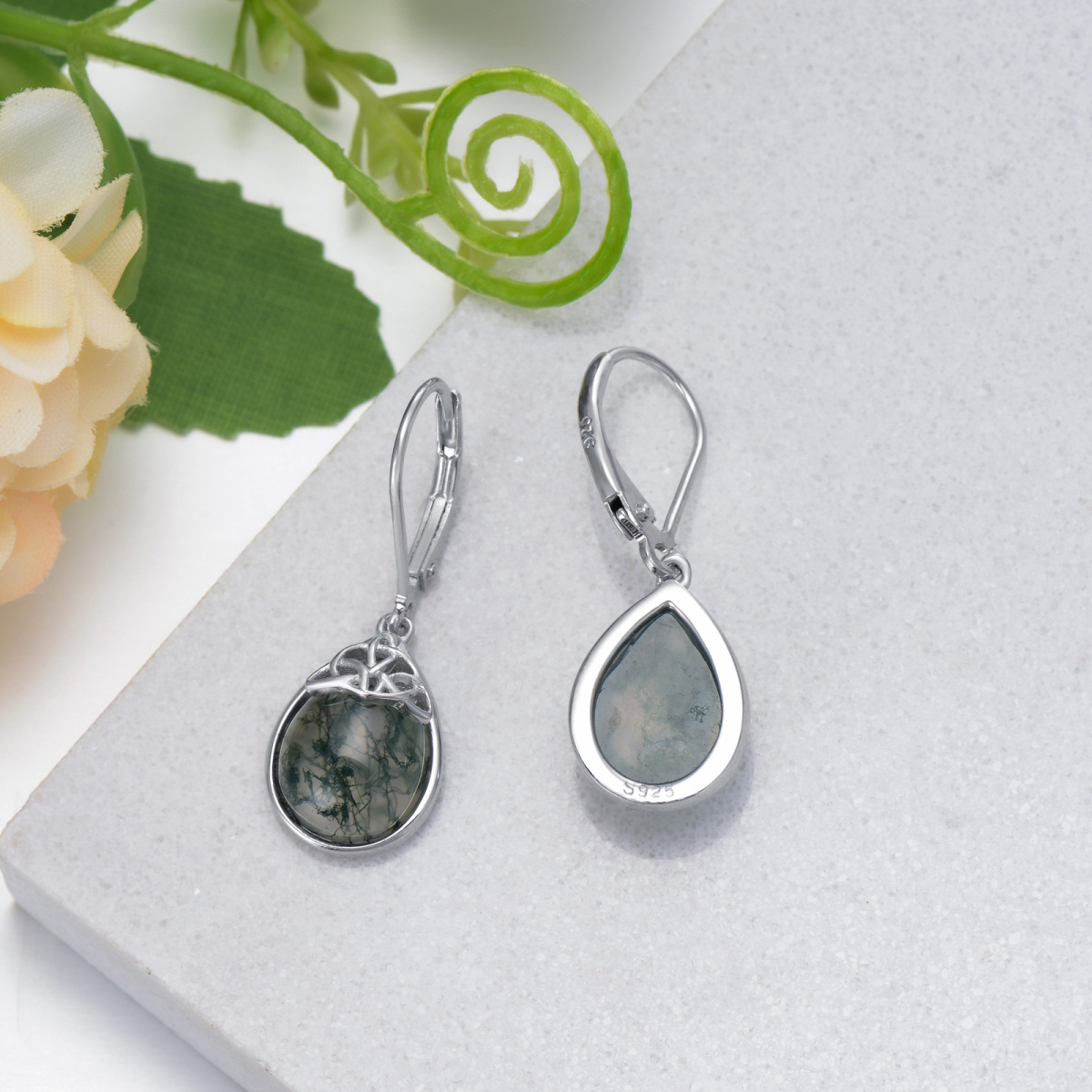 Sterling Silver Pear Shaped Moss Agate Celtic Knot & Drop Shape Lever-back Earrings-4