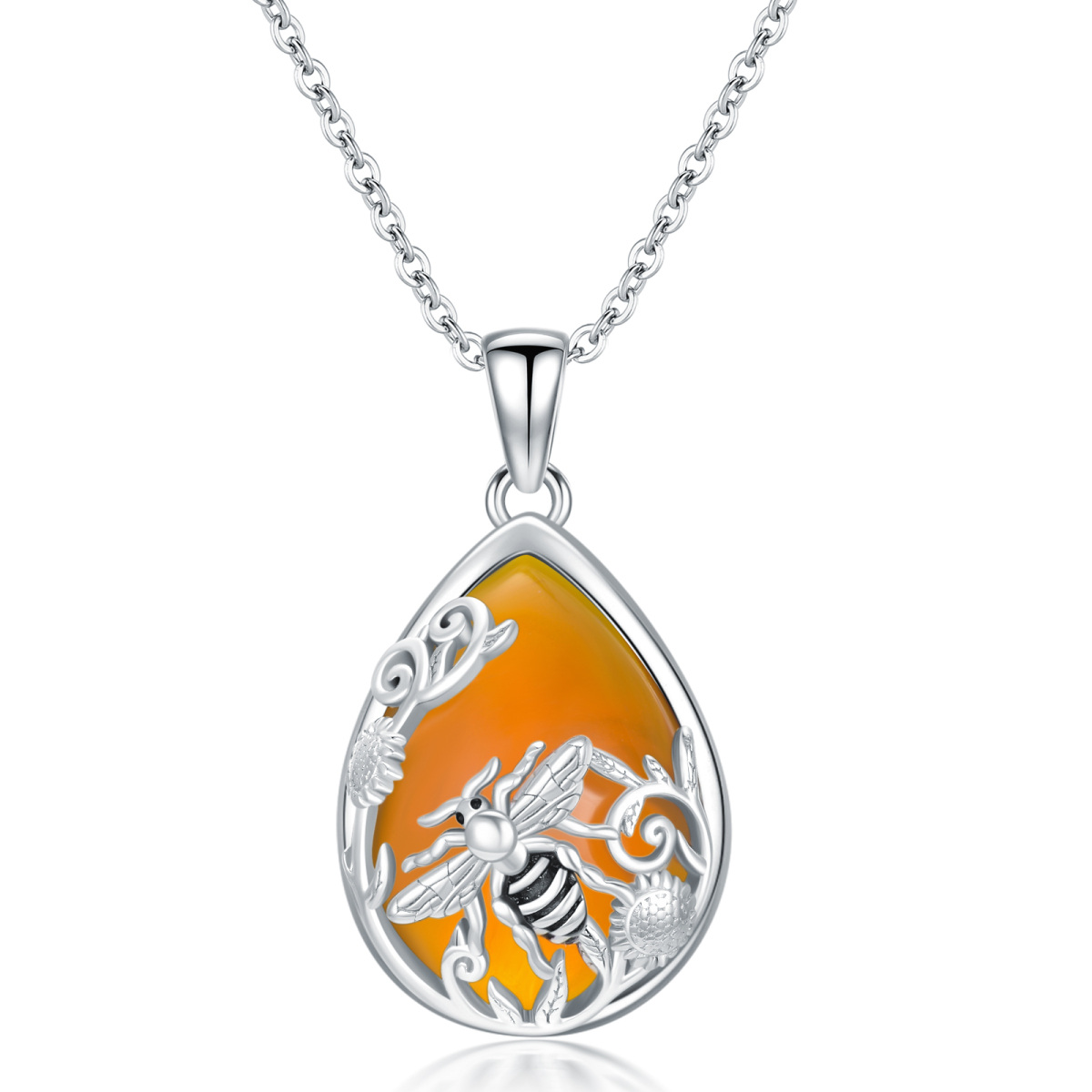 Sterling Silver Pear Shaped Agate Bee & Sunflower Pendant Necklace-1