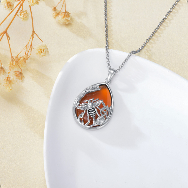 Sterling Silver Pear Shaped Agate Bee & Sunflower Pendant Necklace-3