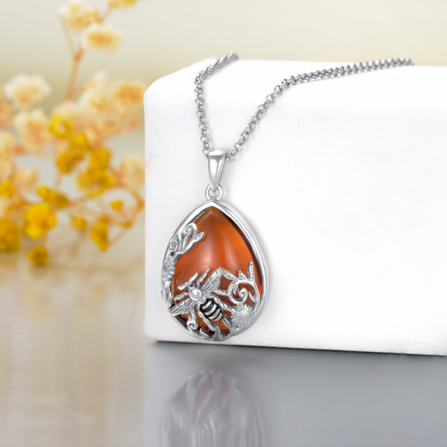 Sterling Silver Pear Shaped Agate Bee & Sunflower Pendant Necklace-2