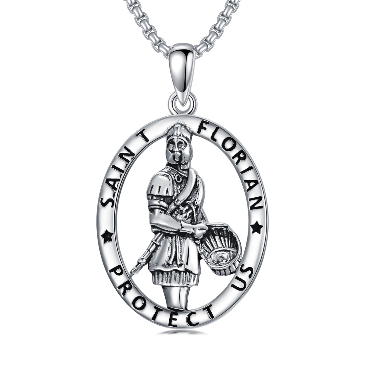 Sterling Silber Retro Sankt Florian Anhänger Halskette mit eingraviertem Wort-1