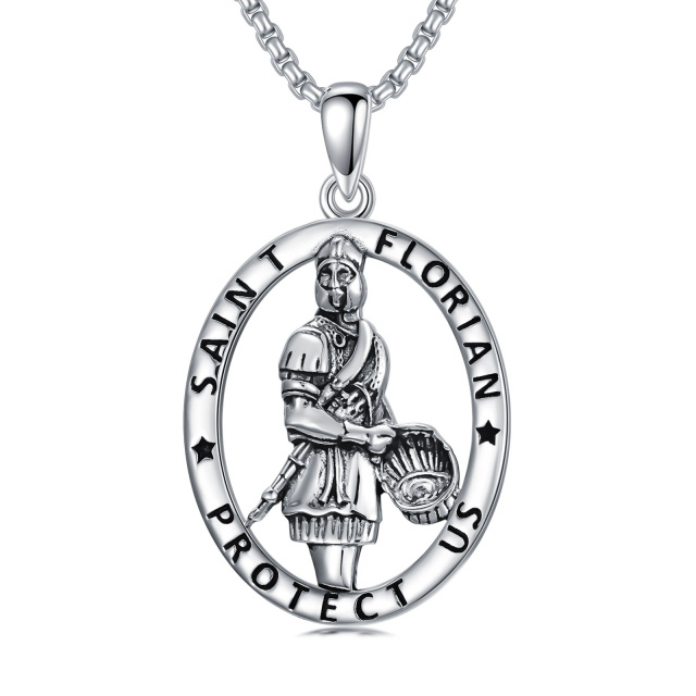 Sterling Silber Retro Sankt Florian Anhänger Halskette mit eingraviertem Wort-0