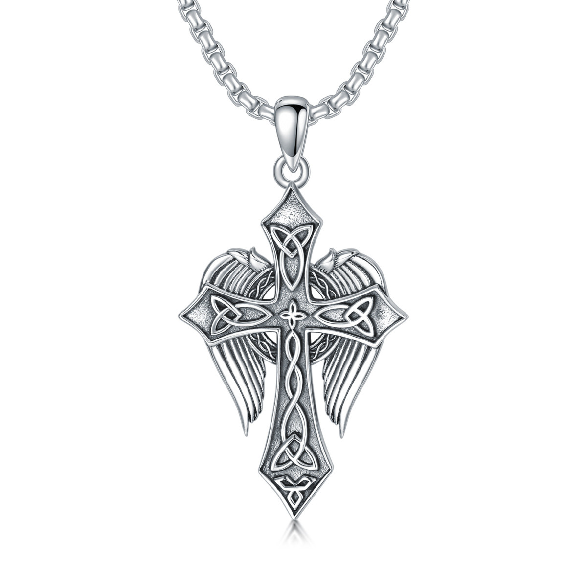 Collar de plata de ley con colgante de ala de ángel y nudo celta y cruz-1
