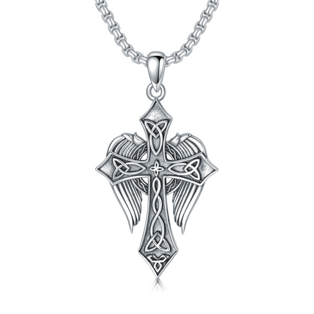 Colar de prata esterlina com asa de anjo, nó celta e pingente de cruz-0