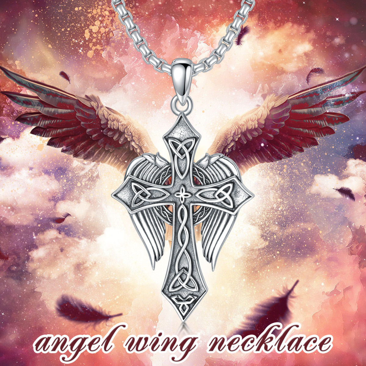 Collar de plata de ley con colgante de ala de ángel y nudo celta y cruz-6