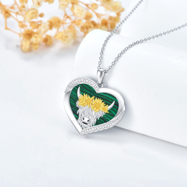 Sterling Silver Cubic Zirconia & Malachite Cow & Sunflower Pendant Necklace-2