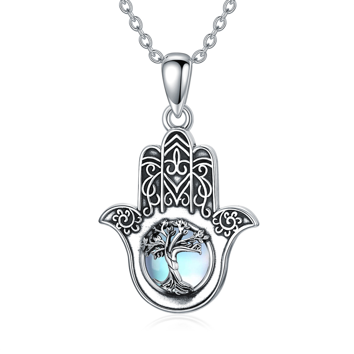 Sterling Silver Round Moonstone Tree Of Life & Hamsa Hand Pendant Necklace-1