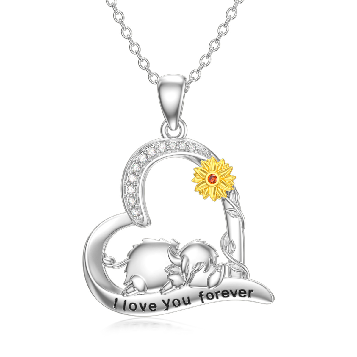 Sterling Silver Two-tone Circular Shaped Cubic Zirconia Highland Cow Pendant Necklace with Engraved Word-1