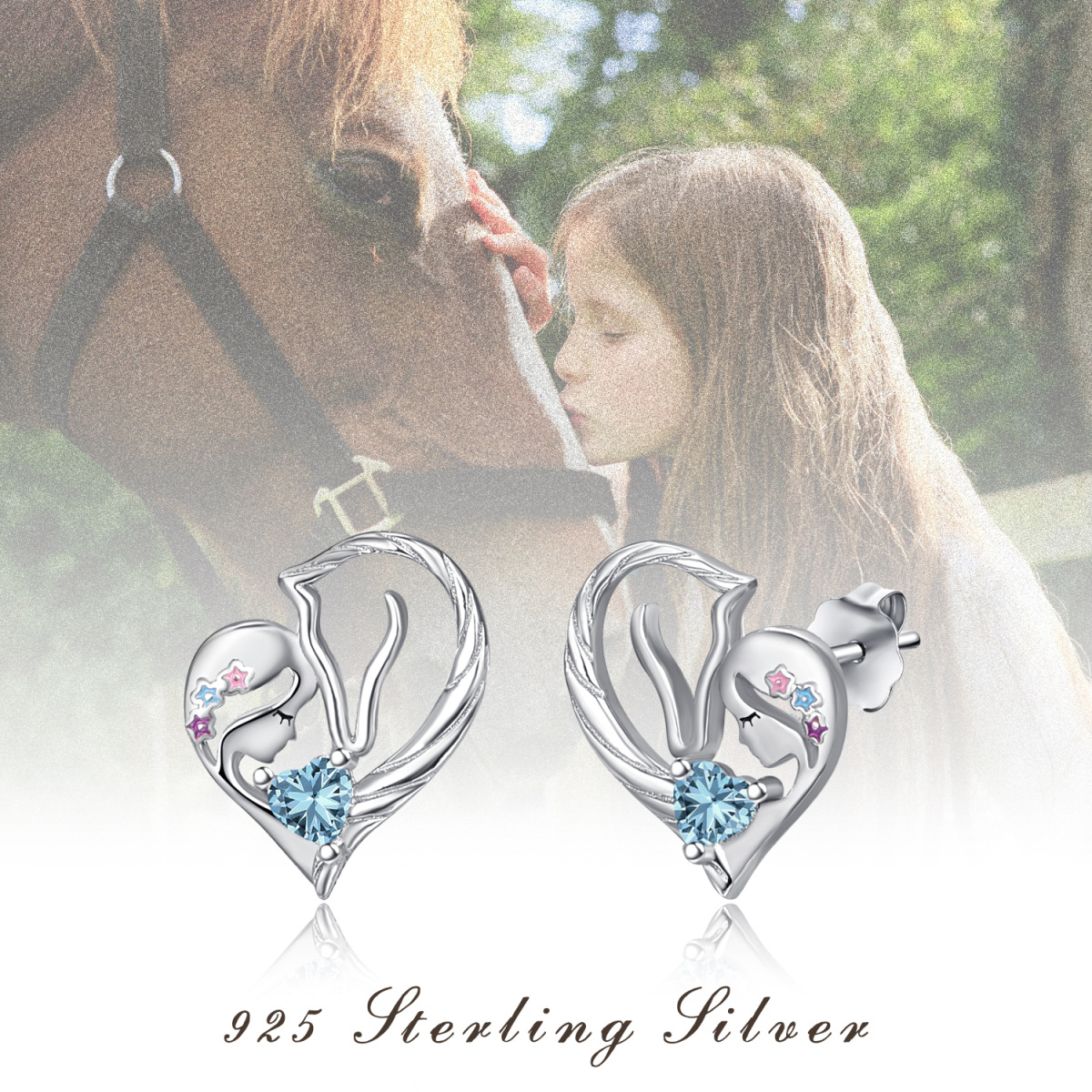 Boucles d'oreilles cheval en argent sterling avec zircon en forme de coeur-7