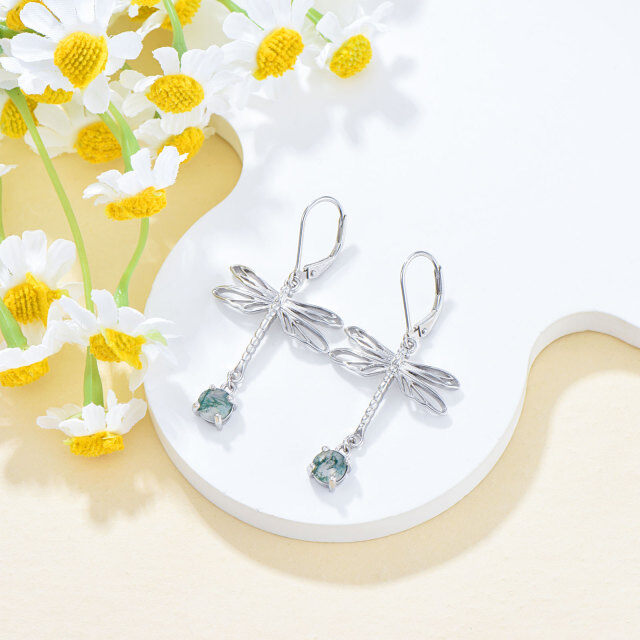 Sterling Silver Circular Shaped Moss Agate Dragonfly Drop Earrings-2