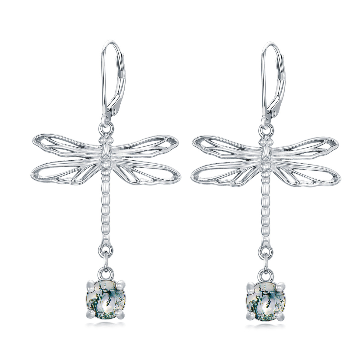 Sterling Silver Circular Shaped Moss Agate Dragonfly Drop Earrings-1