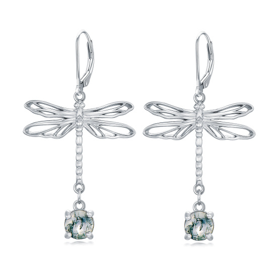 Sterling Silver Circular Shaped Moss Agate Dragonfly Drop Earrings