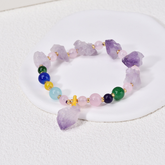 Amethyst Raw Stone Bracelet With Colorful Agate Gifts for Women Summer Jewelry-3