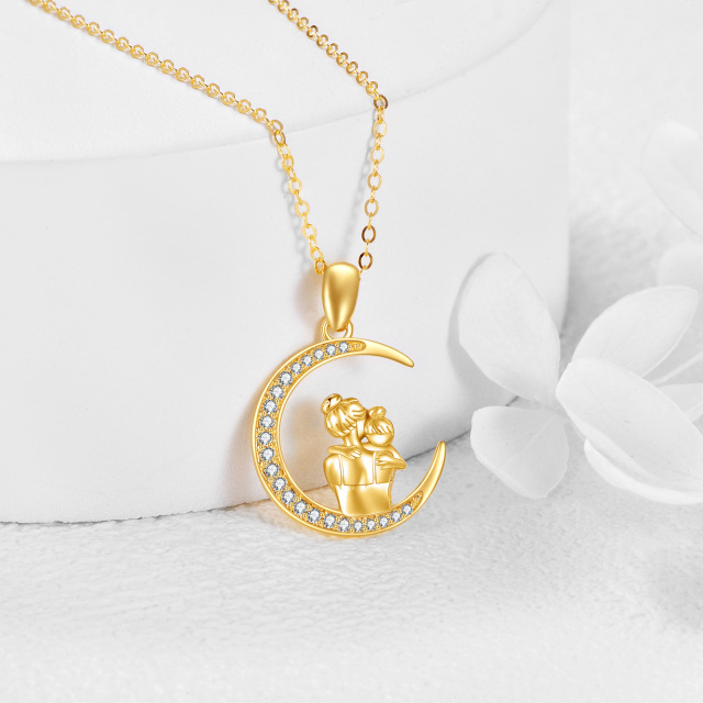 9K Gold Cubic Zirconia Mother & Daughter Moon Pendant Necklace-3