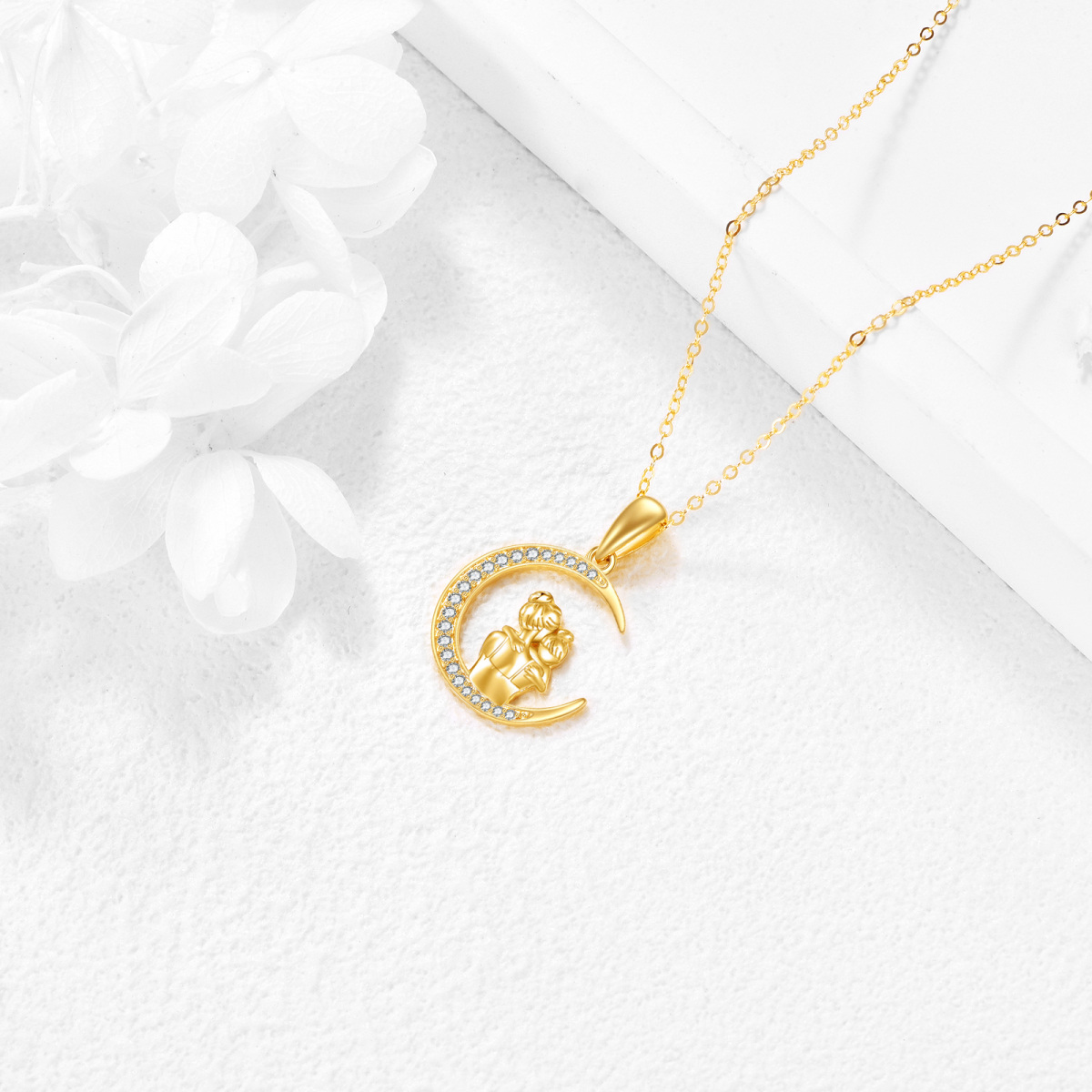 9K Gold Cubic Zirconia Mother & Daughter Moon Pendant Necklace-5