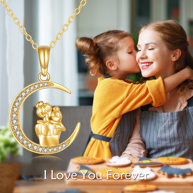 9K Gold Cubic Zirconia Mother & Daughter Moon Pendant Necklace-2