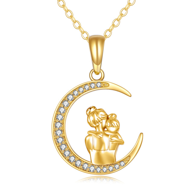 9K Gold Cubic Zirconia Mother & Daughter Moon Pendant Necklace-0
