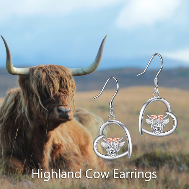 Sterling Silver Two-tone Highland Cow & Heart Drop Earrings-5