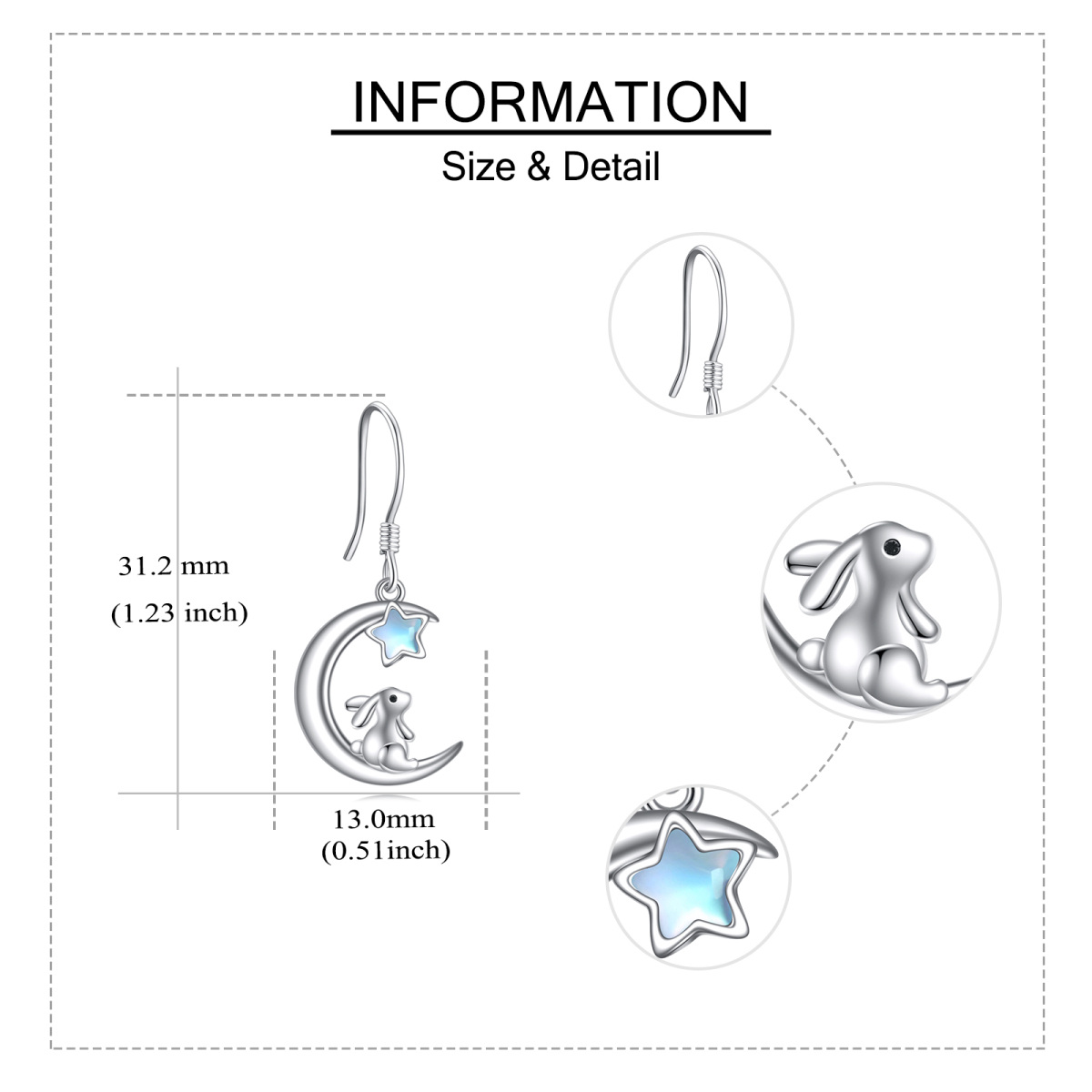 Sterling Silver Five-Pointed Star Shaped Moonstone Rabbit & Moon Drop Earrings-5