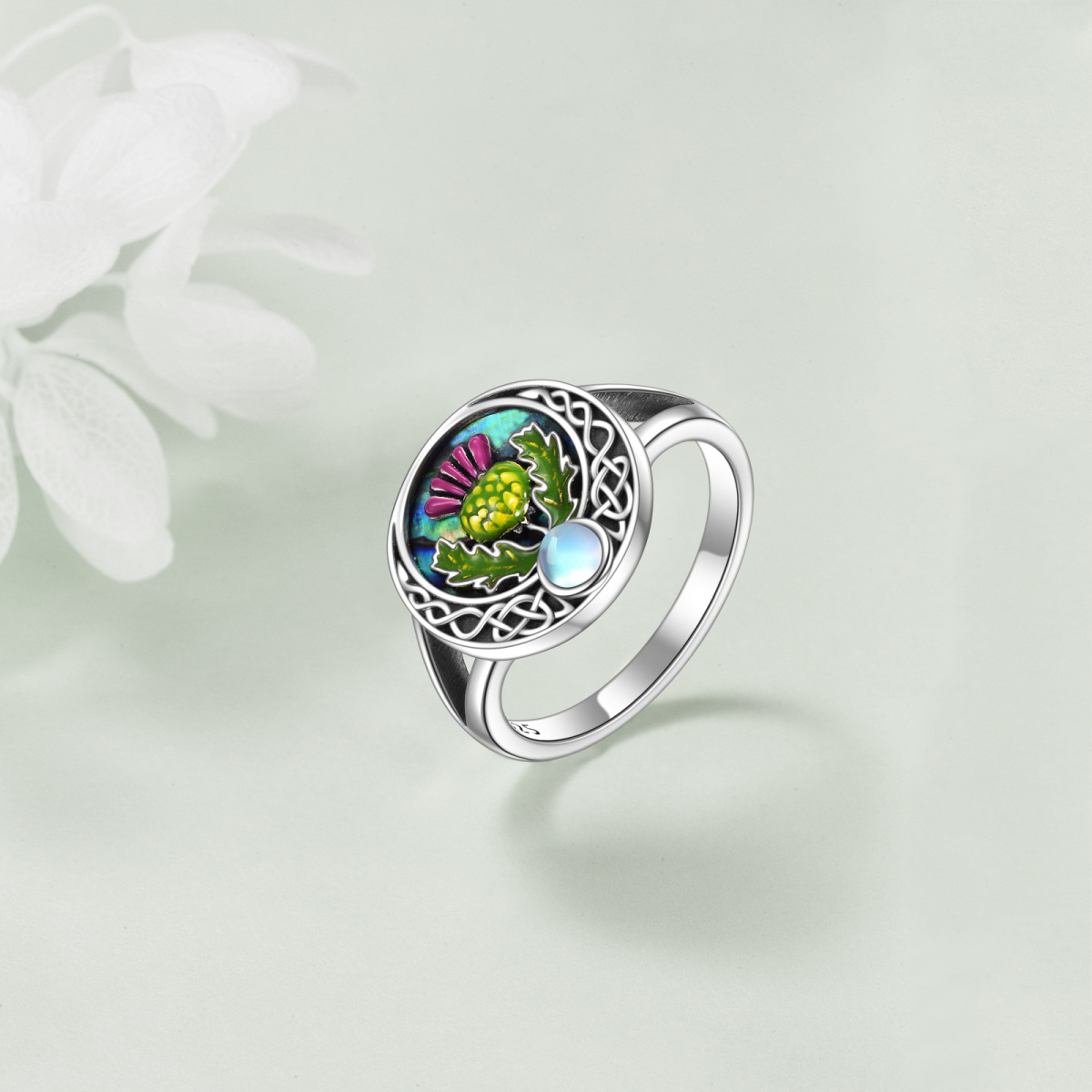 Sterling Silver Circular Shaped Abalone Shellfish & Moonstone Thistle & Celtic Knot Ring-3