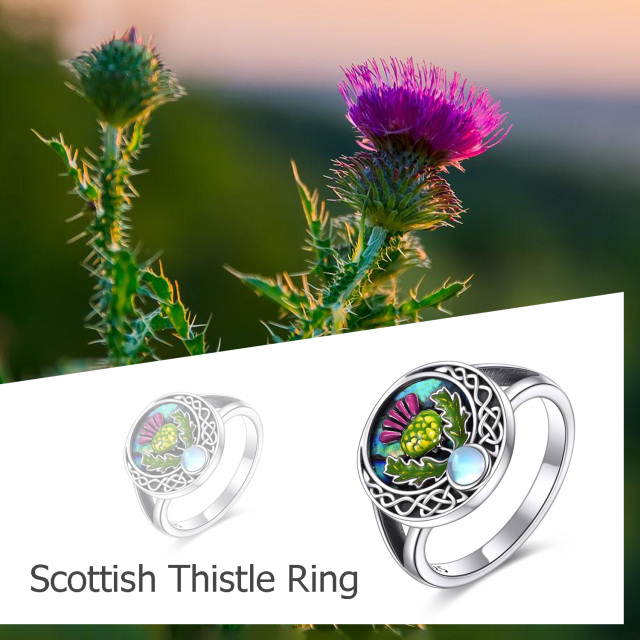 Sterling Silver Circular Shaped Abalone Shellfish & Moonstone Thistle & Celtic Knot Ring-6