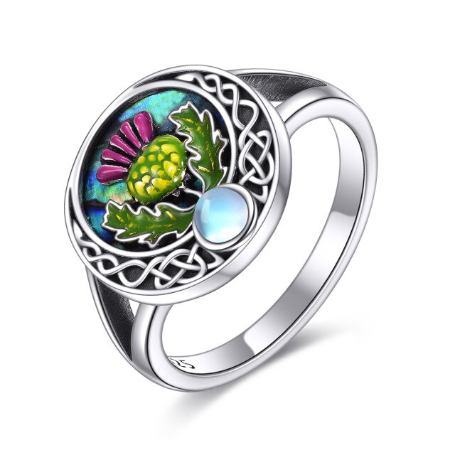 Sterling Silver Circular Shaped Abalone Shellfish & Moonstone Thistle & Celtic Knot Ring-2