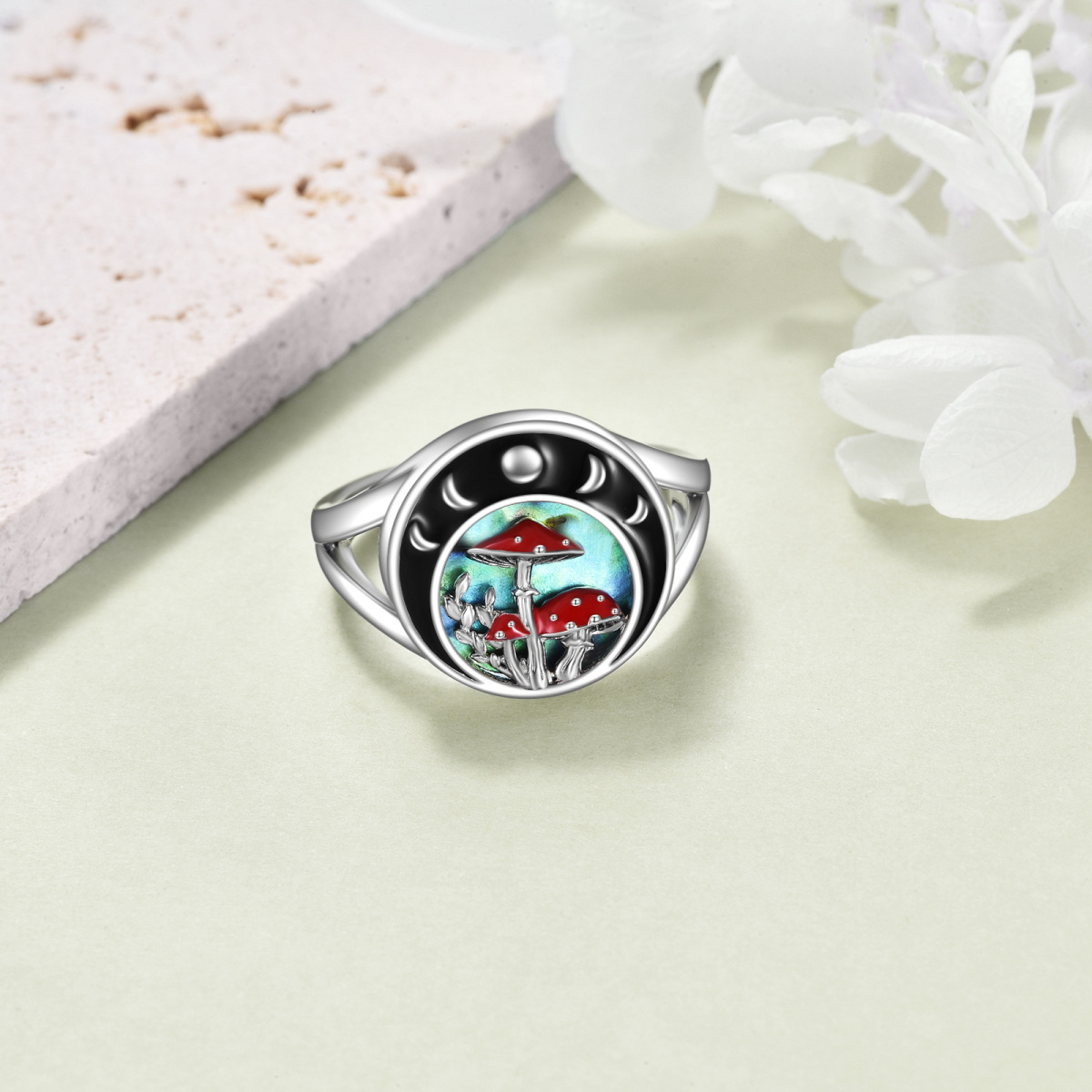 Anillo de plata de ley Abalone Shellfish Mushroom & Moon-3