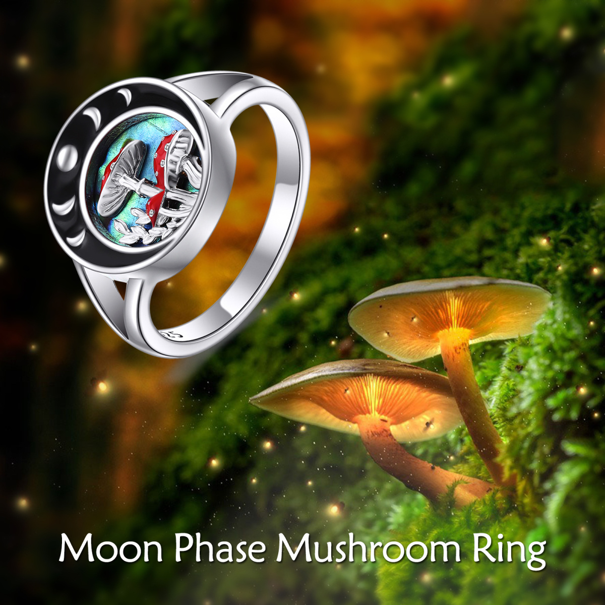 Sterling Silver Abalone Shellfish Mushroom & Moon Ring-5